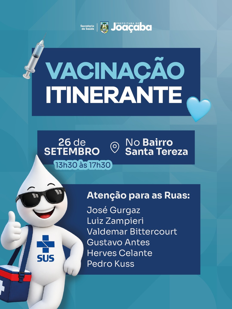 Vacinação Itinerante estará no bairro Santa Tereza no dia 26 de setembro em Joaçaba