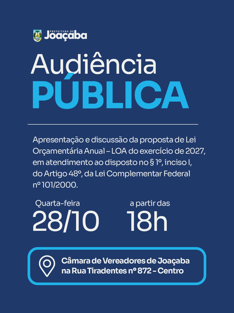 Prefeitura de Joaçaba convida para Audiência Pública da Lei Orçamentária Anual – LOA – para 2027